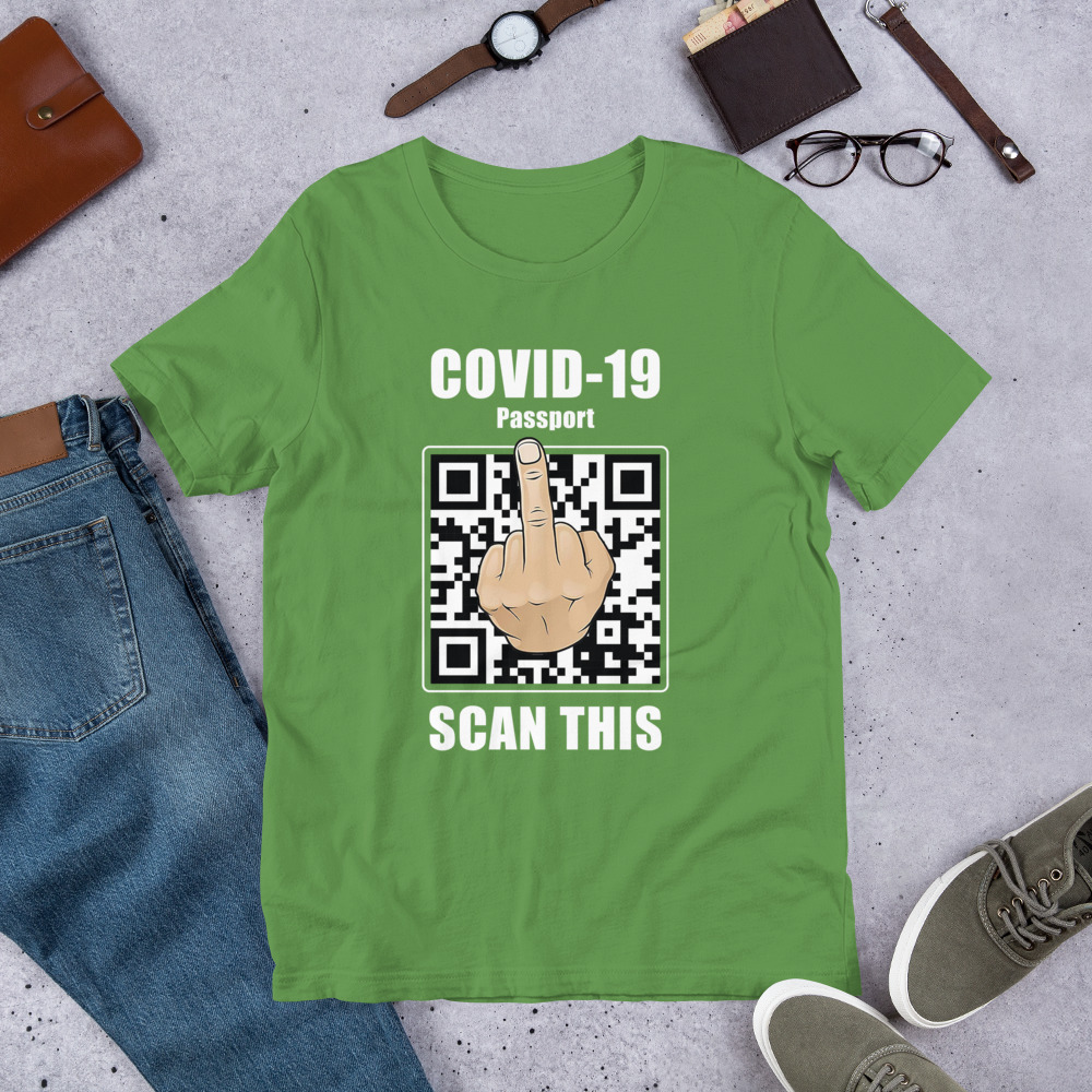 COVID-19 Passport: SCAN THIS. Red, green or black T-shirt for denialists, conspiracists and anti-vaxxers - Imagen 12