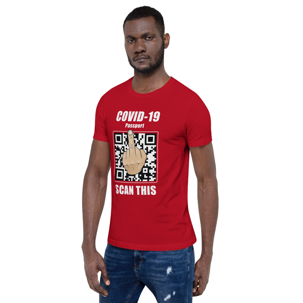 COVID-19 Passport: SCAN THIS. Red, green or black T-shirt for denialists, conspiracists and anti-vaxxers - Imagen 4