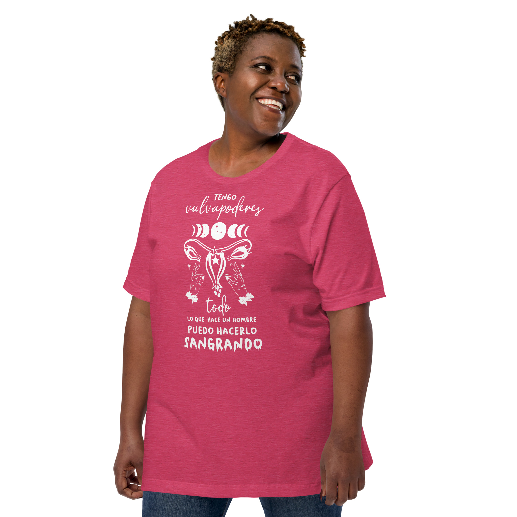 Tengo VULVAPODERES: todo lo que hace un hombre puedo hacerlo SANGRANDO. Camiseta para el Día de la Mujer empoderada, negra y rosada - Imagen 4